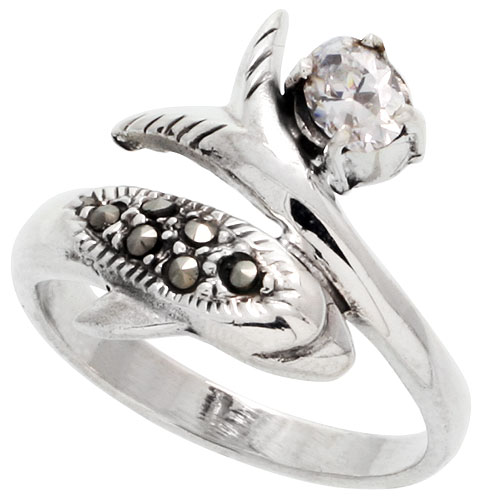 Sterling Silver Marcasite Dolphin Ring, w/ Oval Cut CZ Stone, 3/4" (19 mm) wide