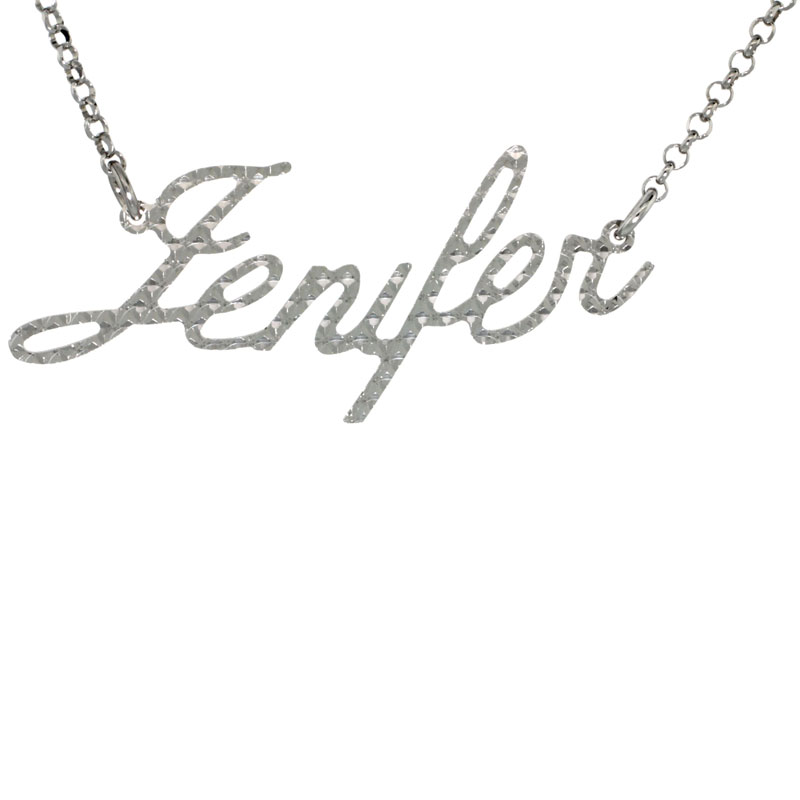 Sterling Silver Name Necklace Jennifer Diamond Cut Platinum Coated Italy, about 3/4 Inch wide 16 Inches + 2 inch extension