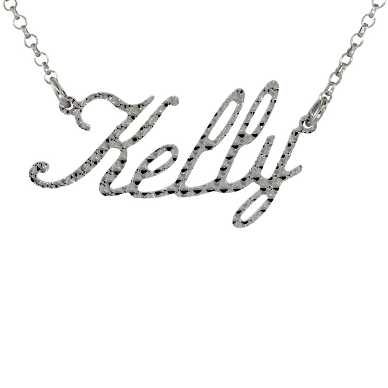Sterling Silver Name Necklace Kelly Diamond Cut Platinum Coated Italy, about 3/4 Inch wide 16 Inches + 2 inch extension