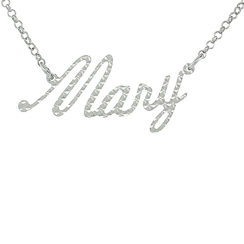 Sterling Silver Name Necklace Mary Diamond Cut Platinum Coated Italy, about 3/4 Inch wide 16 Inches + 2 inch extension