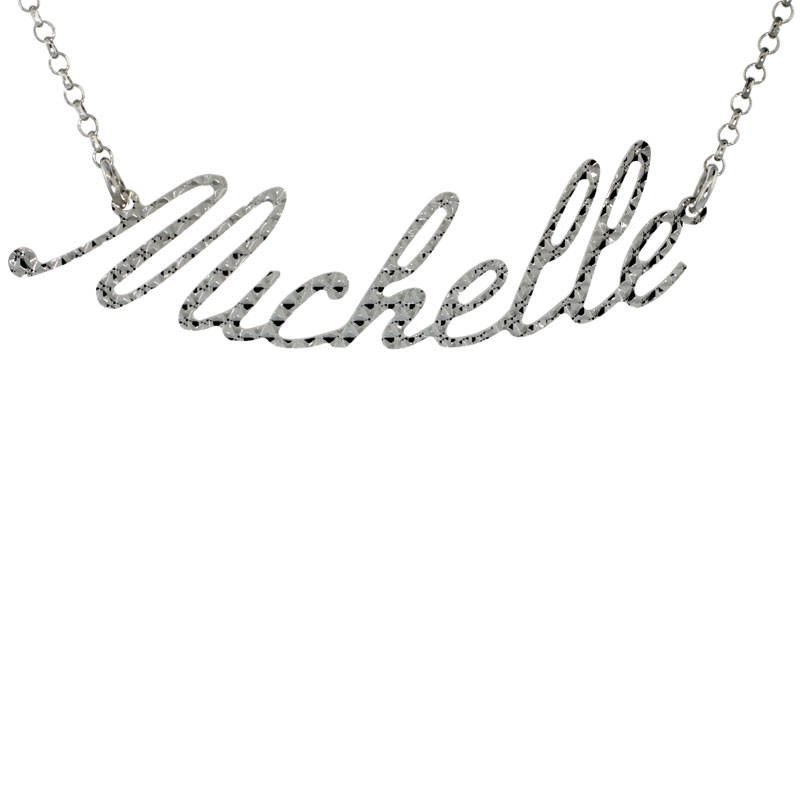 Sterling Silver Name Necklace Michelle Diamond Cut Platinum Coated Italy, about 3/4 Inch wide 16 Inches + 2 inch extension