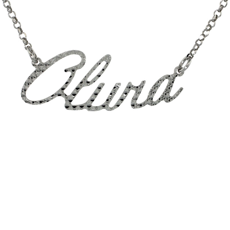 Sterling Silver Name Necklace Olivia Diamond Cut Platinum Coated Italy, about 3/4 Inch wide 16 Inches + 2 inch extension