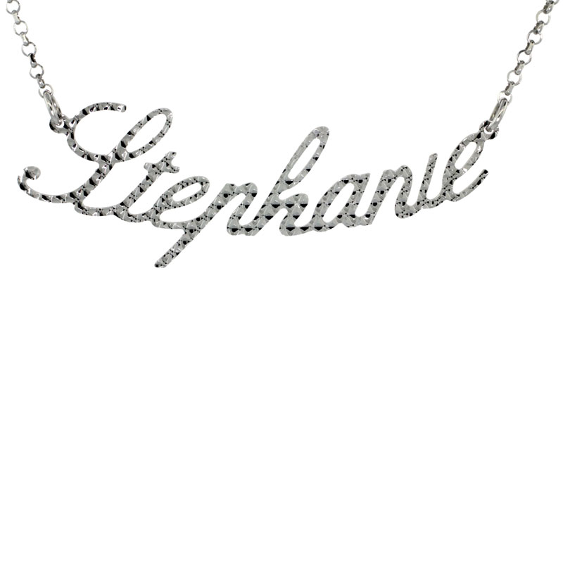 Sterling Silver Name Necklace Stephanie Diamond Cut Platinum Coated Italy, about 3/4 Inch wide 16 Inches + 2 inch extension