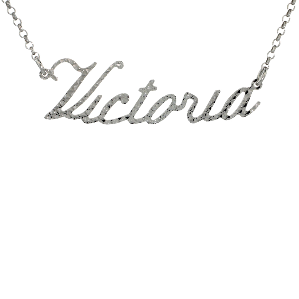 Sterling Silver Name Necklace Victoria Diamond Cut Platinum Coated Italy, about 3/4 Inch wide 16 Inches + 2 inch extension