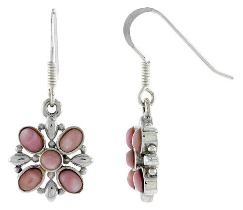 Sterling Silver Flower Earrings, w/ 3mm Round & Four 4 x 3 mm Oval-shaped Pink Mother of Pearls, 9/16" (15 mm) tall