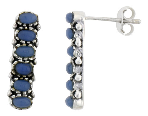 Sterling Silver Oxidized Post Earrings, w/ Six 3 x 2 mm Oval-shaped Blue Resin, 3/4" (19 mm) tall