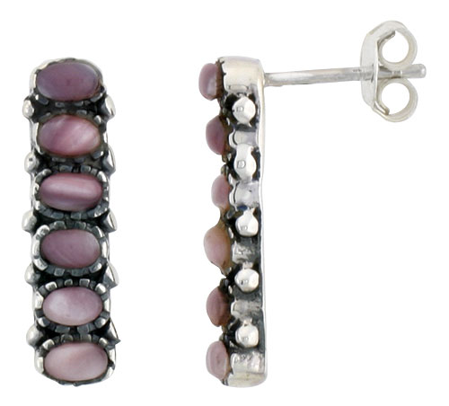 Sterling Silver Oxidized Post Earrings, w/ Six 3 x 2 mm Oval-shaped Pink Mother of Pearls, 3/4" (19 mm) tall