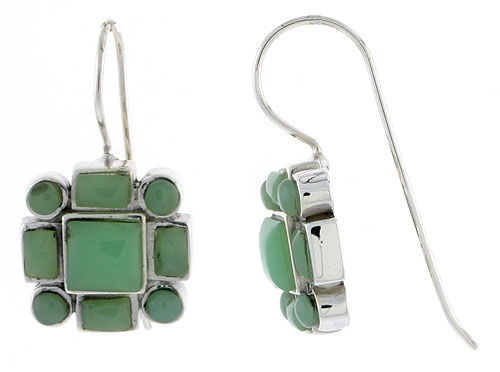 Sterling Silver Round & Rectangular Green Resin Dangling Earrings with 6mm Center, 1/2 inch long