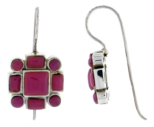 Sterling Silver Round & Rectangular Red Resin Dangling Earrings with 6mm Center, 1/2 inch long