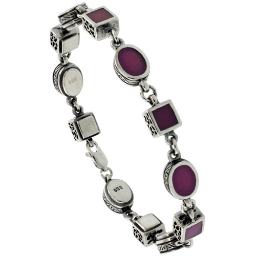 Sterling Silver Square & Oval Link Bracelet Purple Resin Inlay, 5/16 inch wide