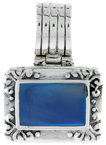 Sterling Silver Oxidized Pendant, w/ 14 x 10 Rectangular Blue Resin, 5/8" (17 mm) tall