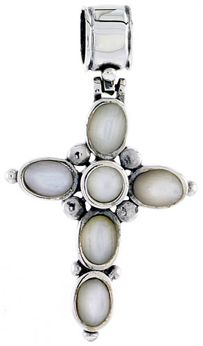 Sterling Silver Oxidized Cross Pendant, w/ 4mm Round & Five 5 x 4 mm Oval-shaped Mother of Pearls, 1 1/16" (28 mm) tall
