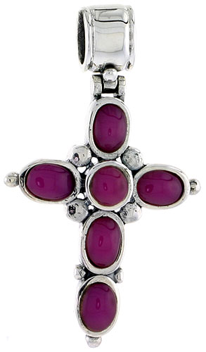 Sterling Silver Oxidized Cross Pendant, w/ 4mm Round & Five 5 x 4 mm Oval-shaped Purple Resin, 1 1/16" (28 mm) tall