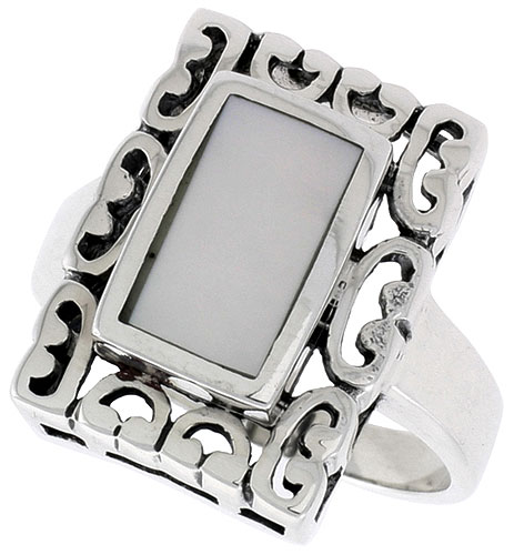 Sterling Silver Ring, w/ 10 x 6 mm Rectangular Mother of Pearl, 3/4 inch (18 mm) wide
