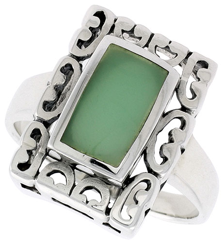 Sterling Silver Ring, w/ 10 x 6 mm Rectangular Green Resin, 3/4 inch (18 mm) wide