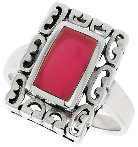 Sterling Silver Ring, w/ 10 x 6 mm Rectangular Red Resin, 3/4 inch (18 mm) wide