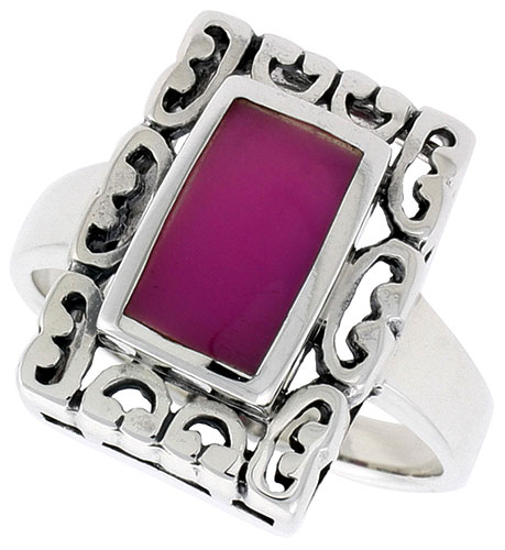 Sterling Silver Ring, w/ 10 x 6 mm Rectangular Purple Resin, 3/4 inch (18 mm) wide