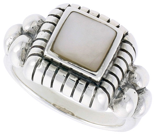 Sterling Silver Ring, w/ 8mm Square-shaped Mother of Pearl, 1/2 inch (13 mm) wide