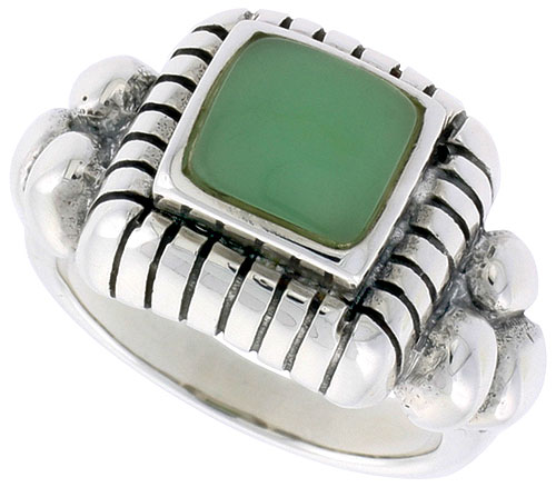 Sterling Silver Ring, w/ 8mm Square-shaped Green Resin, 1/2 inch (13 mm) wide