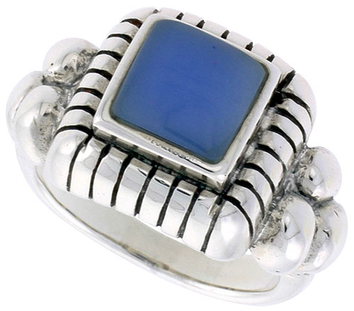 Sterling Silver Ring, w/ 8mm Square-shaped Blue Resin, 1/2 inch (13 mm) wide