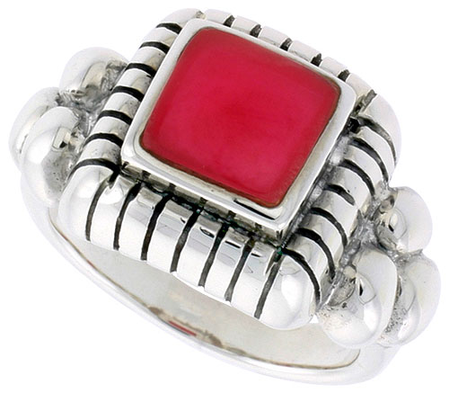 Sterling Silver Ring, w/ 8mm Square-shaped Red Resin, 1/2 inch (13 mm) wide