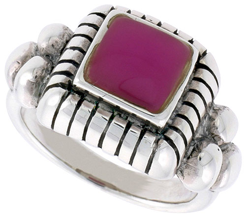 Sterling Silver Ring, w/ 8mm Square-shaped Purple Resin, 1/2 inch (13 mm) wide