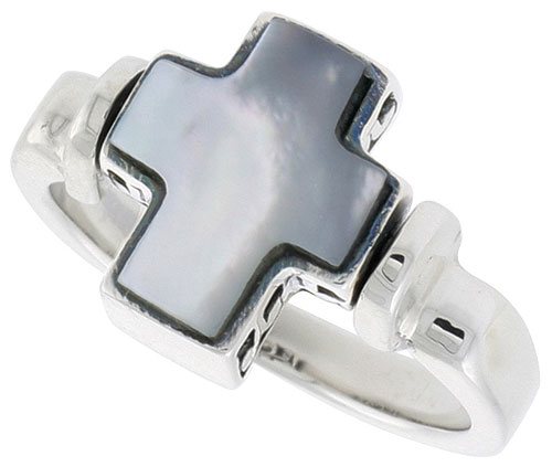 Sterling Silver Cross Ring w/ Mother of Pearl, 1/2 inch (12 mm) wide