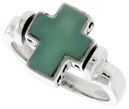 Sterling Silver Cross Ring w/ Green Resin, 1/2 inch (12 mm) wide