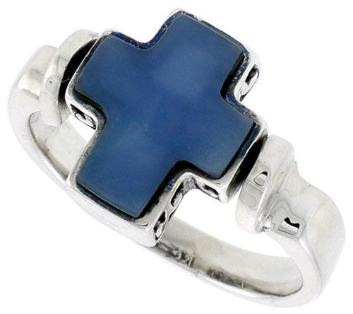 Sterling Silver Cross Ring w/ Blue Resin, 1/2 inch (12 mm) wide