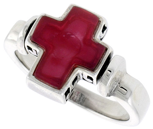 Sterling Silver Cross Ring w/ Red Resin, 1/2 inch (12 mm) wide