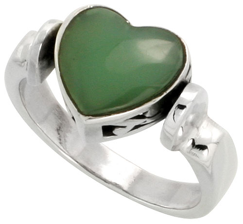 Sterling Silver Heart Ring w/ Green Resin, 3/8 inch (10 mm) wide