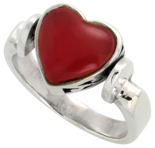 Sterling Silver Heart Ring w/ Red Resin, 3/8 inch (10 mm) wide