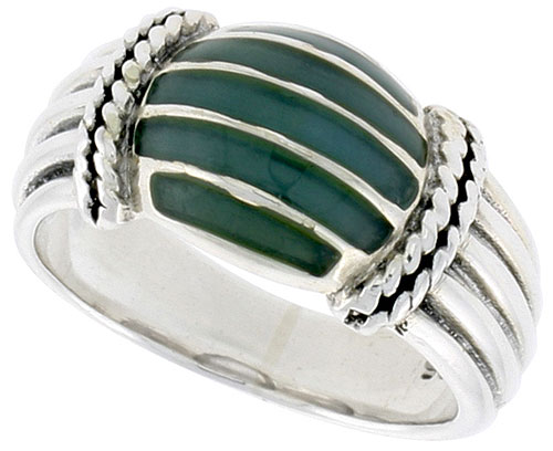 Sterling Silver Dome Ring, w/ Green Resin, 3/8 inch (10 mm) wide