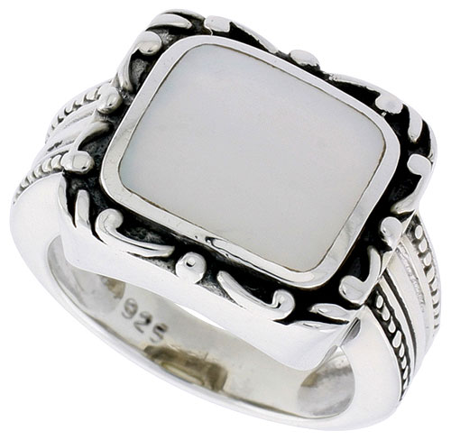 Sterling Silver Ring, w/ 12 x 9 mm Rectangular Mother of Pearl, 1/2 inch (14 mm) wide