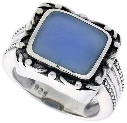 Sterling Silver Ring, w/ 12 x 9 mm Rectangular Blue Resin, 1/2 inch (14 mm) wide