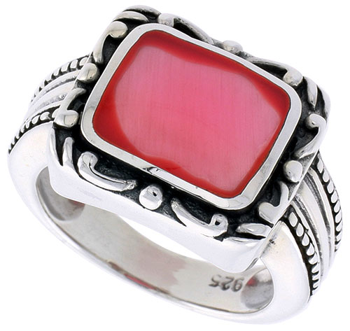 Sterling Silver Ring, w/ 12 x 9 mm Rectangular Red Resin, 1/2 inch (14 mm) wide