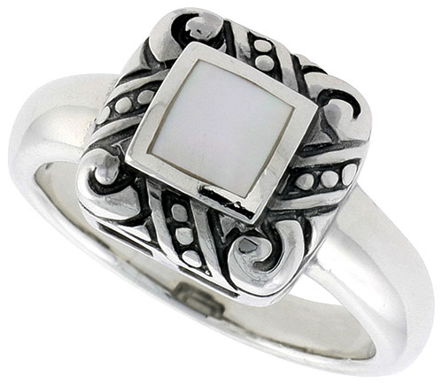 Sterling Silver Ring, w/ 6mm Square-shaped Mother of Pearl, 1/2 inch (11 mm) wide