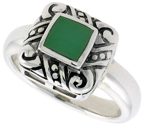 Sterling Silver Ring, w/ 6mm Square-shaped Green Resin, 1/2 inch (11 mm) wide