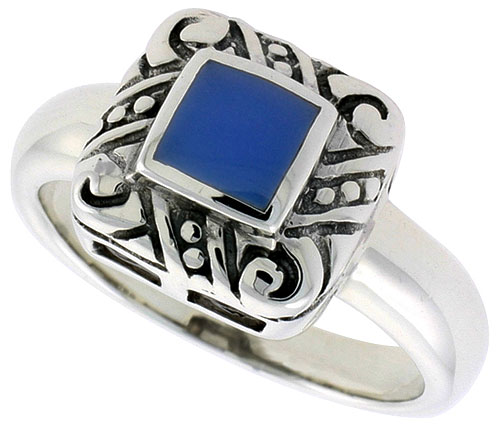 Sterling Silver Ring, w/ 6mm Square-shaped Blue Resin, 1/2 inch (11 mm) wide