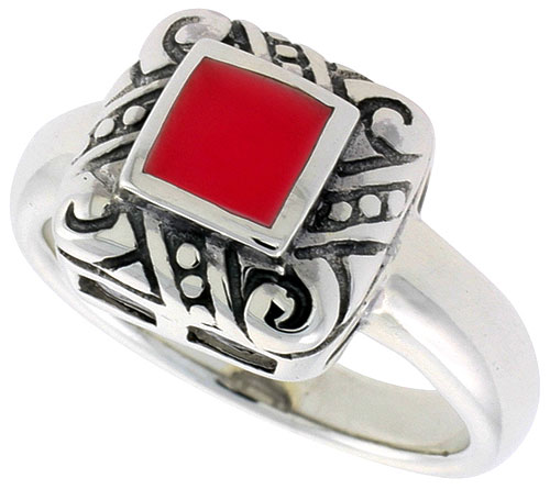 Sterling Silver Ring, w/ 6mm Square-shaped Red Resin, 1/2 inch (11 mm) wide