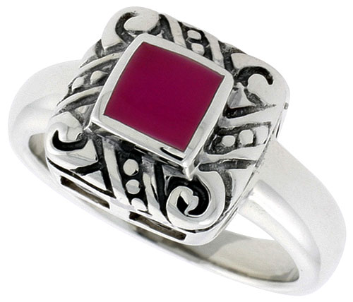 Sterling Silver Ring, w/ 6mm Square-shaped Purple Resin, 1/2 inch (11 mm) wide