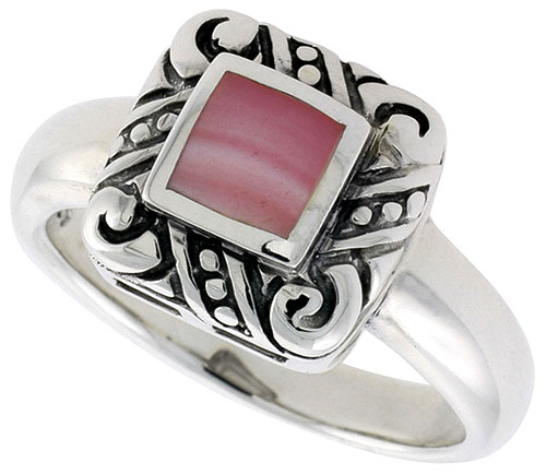 Sterling Silver Ring, w/ 6mm Square-shaped Pink Mother of Pearl, 1/2 inch (11 mm) wide
