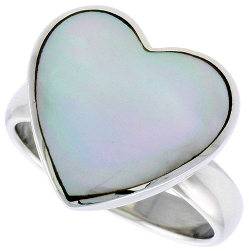 Sterling Silver Heart Ring w/ Mother of Pearl, 5/8 inch (15 mm) wide