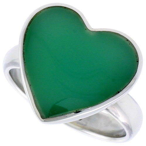 Sterling Silver Heart Ring w/ Green Resin, 5/8 inch (15 mm) wide