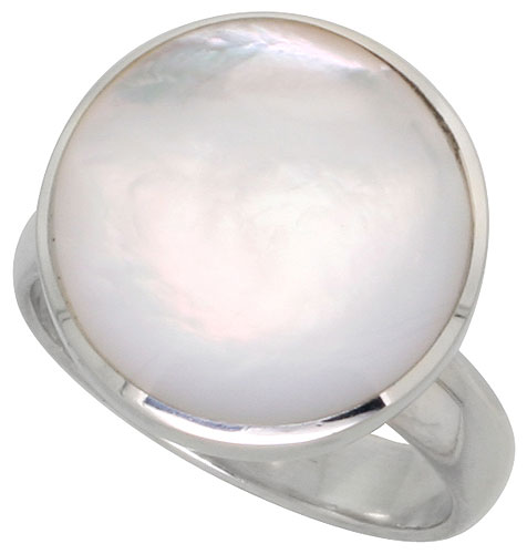 Sterling Silver Ring, w/ 16mm Round-shaped Mother of Pearl, 5/8 inch (16 mm) wide