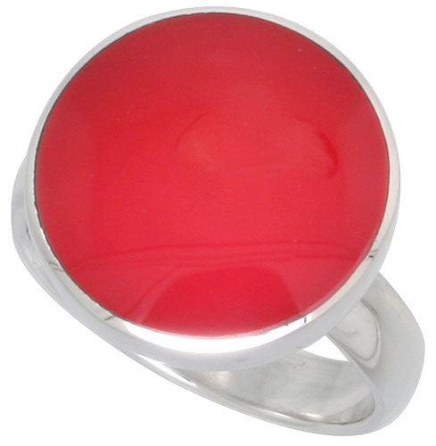 Sterling Silver Ring, w/ 16mm Round-shaped Red Resin, 5/8 inch (16 mm) wide