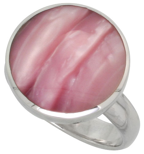 Sterling Silver Ring, w/ 16mm Round-shaped Pink Mother of Pearl, 5/8 inch (16 mm) wide