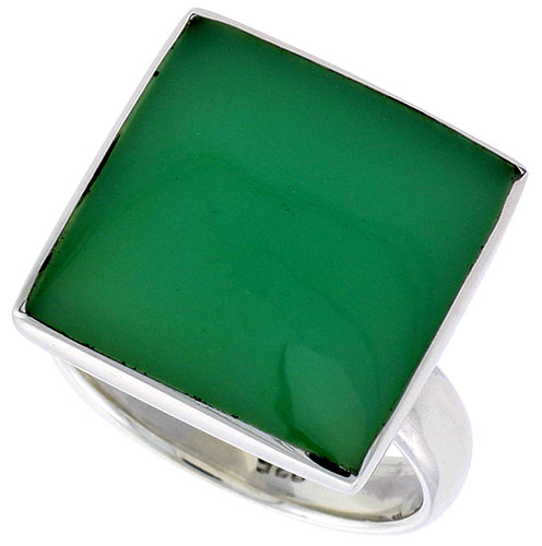 Sterling Silver Ring, w/ 17mm Square-shaped Green Resin, 5/8 inch (16 mm) wide
