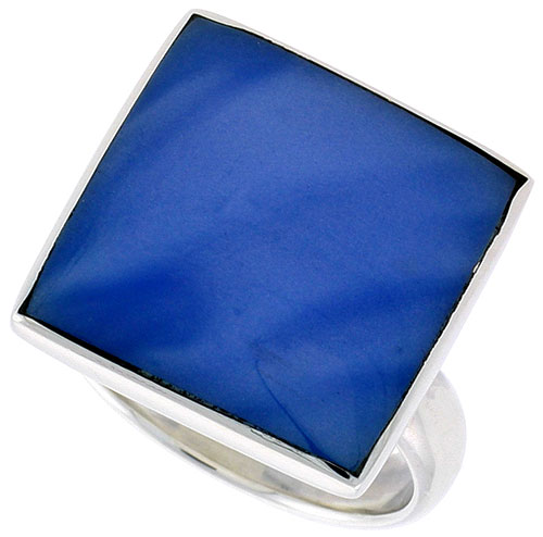 Sterling Silver Ring, w/ 17mm Square-shaped Blue Resin, 5/8 inch (16 mm) wide