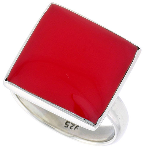 Sterling Silver Ring, w/ 17mm Square-shaped Red Resin, 5/8 inch (16 mm) wide